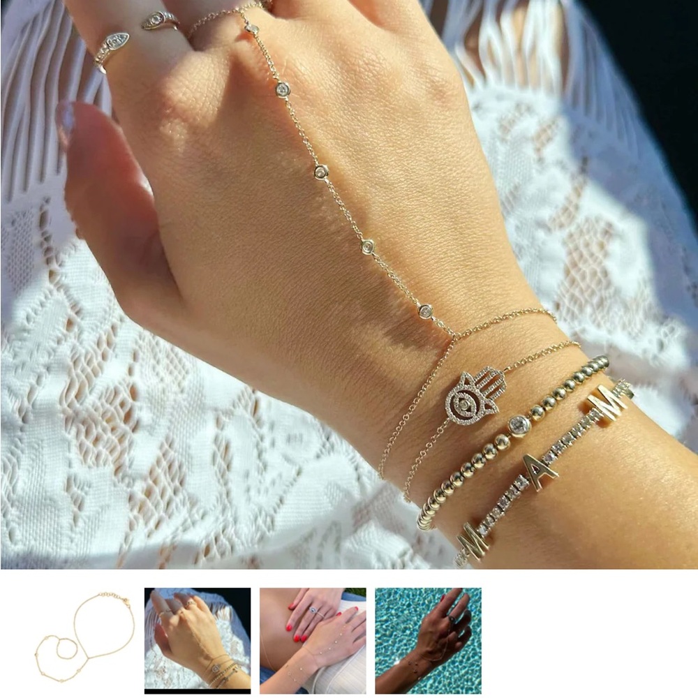14K Gold Diamond Bezel Station Hand Chain